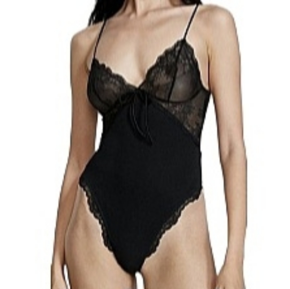 NEW Victoria's Secret High Leg Lace Thong Bodysuit Sz Lg Black NWT